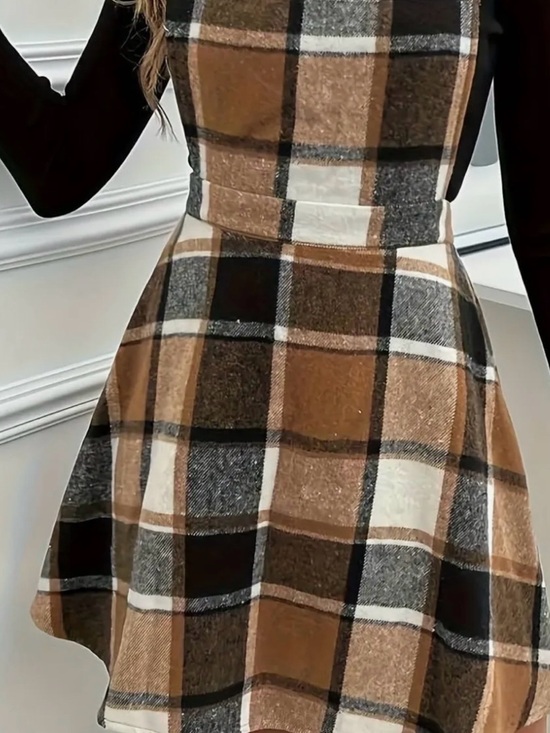 Amazon Pants - Amazon Brown and Black Plaid Pinafore Romper